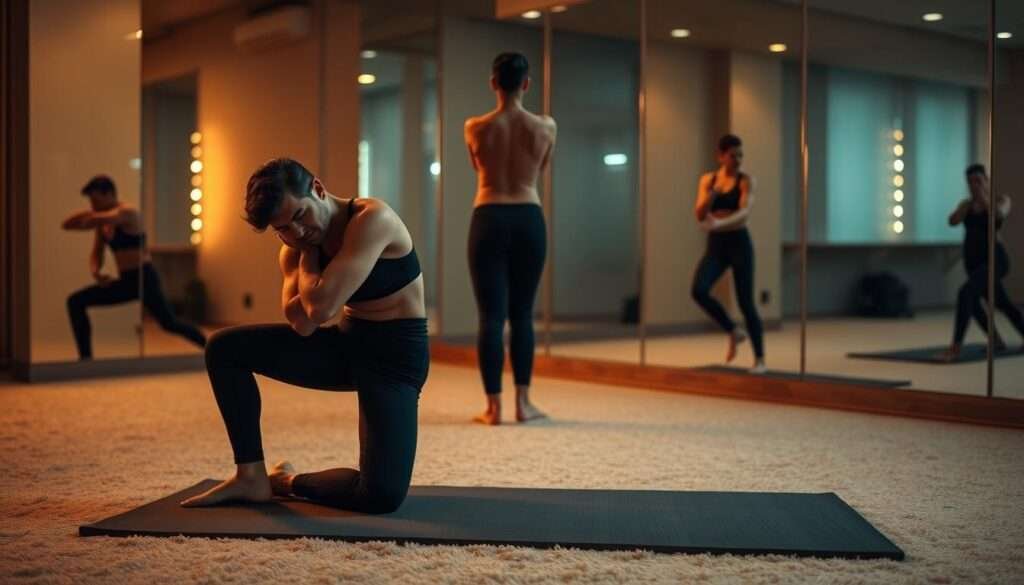 A dimly lit yoga studio, the floor covered in a soft, plush mat. In the foreground, a person in a tight-fitting workout outfit performs a toe-touch, their body contorted in an awkward, strained position. Their face is scrunched in discomfort, knees bent, and back rounded, showcasing common mistakes made during this fundamental stretch. In the middle ground, a second person demonstrates the proper form, their legs straight, torso elongated, and hands effortlessly reaching towards their toes. The background is filled with mirrors, reflecting the scene, creating a sense of depth and emphasizing the contrast between the two poses. Soft, warm lighting casts a soothing glow, adding to the serene atmosphere.