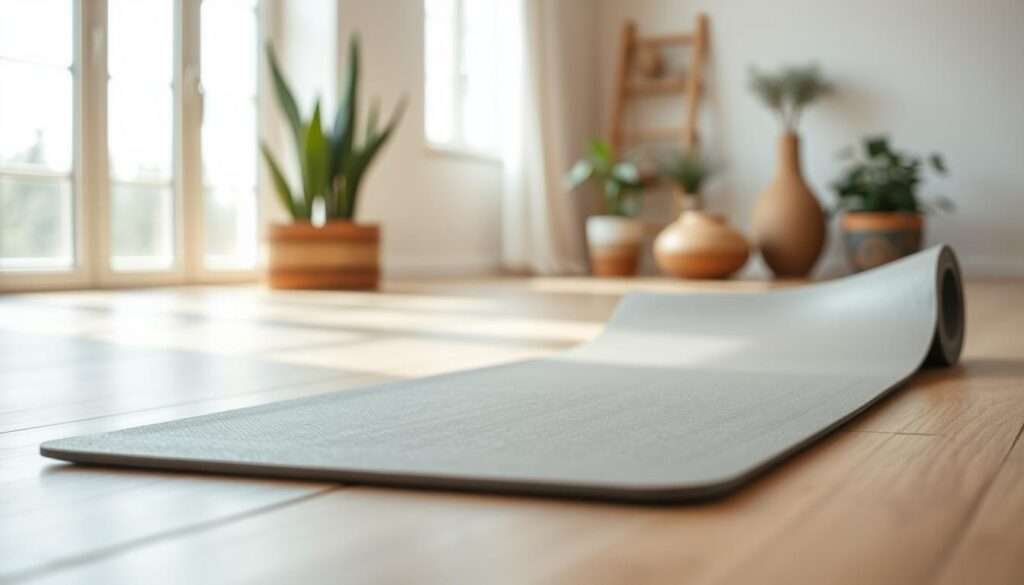 A high-quality, eco-friendly yoga mat designed for beginners, resting on a wooden floor in a bright, airy studio. The mat is made of durable, non-slip material with a textured surface for improved grip. Soft, neutral tones of gray and beige create a calming, minimalist aesthetic. Indirect natural light streams in through large windows, casting a warm glow and gentle shadows across the scene. The mat is positioned in the foreground, with a blurred background of potted plants and simple decor, conveying a sense of tranquility and focus. The overall composition emphasizes the mat's functionality and suitability for beginner yoga practitioners.