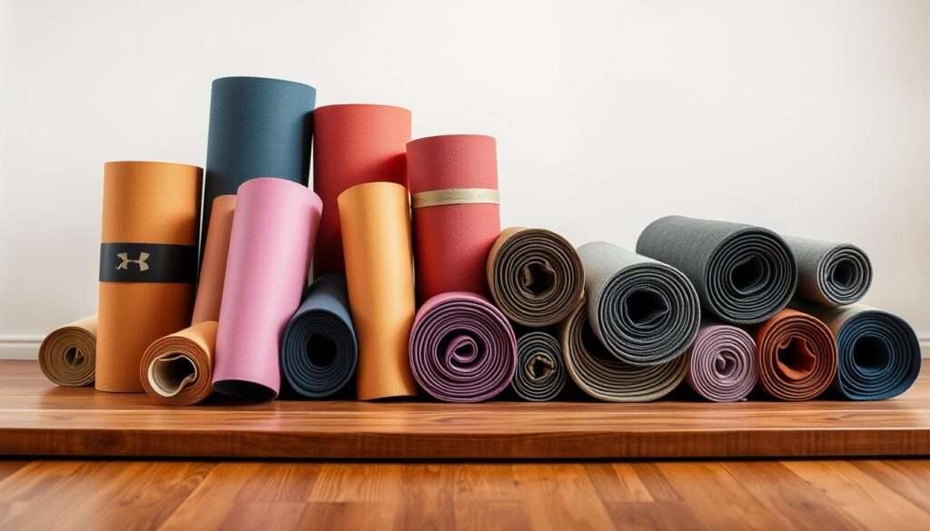 A high-quality selection of premium yoga mats displayed on a wooden surface. The mats are arranged in a visually appealing manner, showcasing their diverse colors, textures, and designs. The lighting is soft and diffused, creating a warm and inviting atmosphere. The scene is captured from a slightly elevated angle, allowing the viewer to appreciate the full range of mats. The background is a minimalist, neutral setting that emphasizes the yoga mats as the primary focus. The overall composition conveys a sense of tranquility, quality, and the perfect gift for any yoga enthusiast.