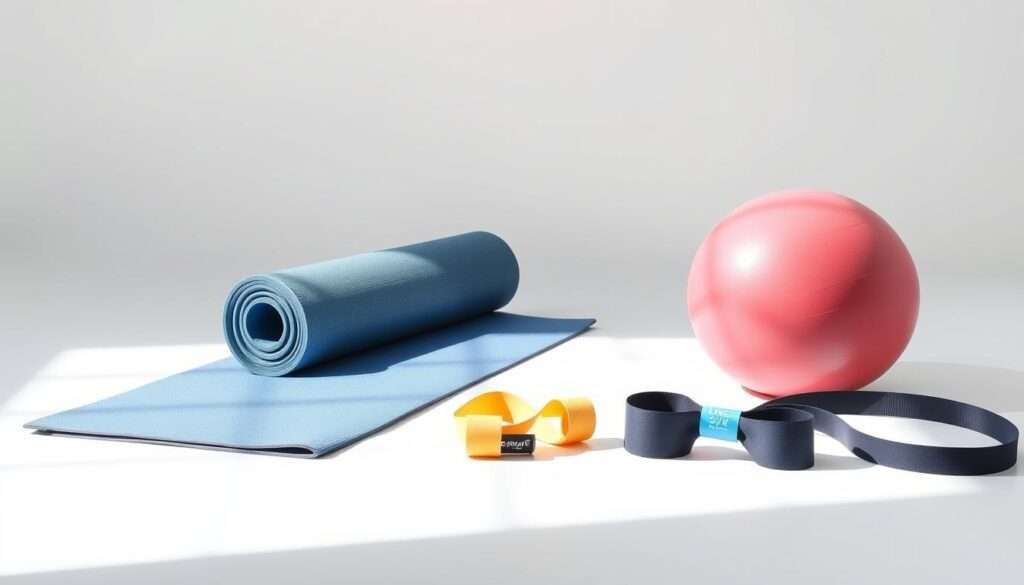 A minimalist studio shot of an assortment of yoga props for core strengthening, including a yoga mat, foam roller, resistance bands, and exercise ball, arranged on a clean white backdrop. Soft, natural lighting from the side creates subtle shadows and highlights the textures of the products. The composition is balanced and visually appealing, showcasing the items in a way that would complement an article on yoga for a flat belly.