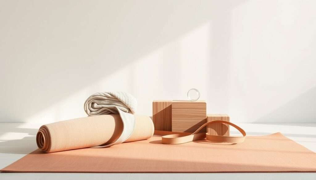 A neatly arranged collection of essential yoga equipment set against a serene, minimalist backdrop. In the foreground, a plush yoga mat in a calming earth tone, alongside a folded blanket, bolster, and strap in complementary hues. In the middle ground, a set of sturdy, high-quality blocks in a natural wood finish. The background features a plain, off-white wall, illuminated by soft, diffused natural lighting, creating a tranquil and inviting atmosphere. The overall composition evokes a sense of simplicity, functionality, and a focus on the essentials for a well-rounded yoga practice.