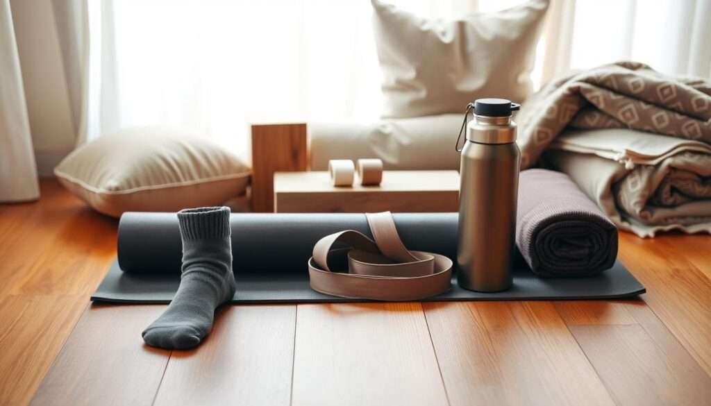 A neatly arranged collection of high-quality yoga equipment essentials on a warm, wooden surface, bathed in soft, diffused natural lighting. In the foreground, a plush yoga mat, a pair of non-slip yoga socks, and a reusable water bottle. In the middle ground, a sturdy yoga block, a strap for stretching, and a supportive yoga cushion. In the background, a cozy, neutral-toned yoga blanket, a meditation pillow, and a premium yoga towel. The overall scene conveys a sense of zen, minimalism, and practicality, perfectly suited for a dedicated yoga practice.