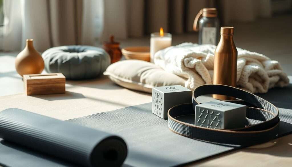 A neatly arranged collection of premium yoga products, bathed in soft, natural lighting. In the foreground, a sturdy yoga mat, high-density foam blocks, and a strap lie in a harmonious arrangement. In the middle ground, a plush meditation cushion and a cozy blanket are carefully placed, suggesting a tranquil practice space. In the background, a zen-inspired candle, a teak wood incense holder, and a beautifully crafted water bottle complete the scene, creating an atmosphere of mindfulness and wellness. The overall composition exudes a sense of balance, simplicity, and a reverence for the essential tools that enhance the yoga experience.