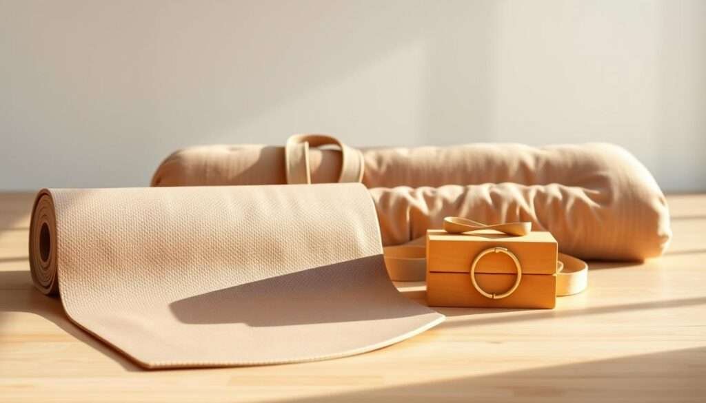 A neatly arranged composition of essential yoga equipment for beginners, bathed in warm, natural lighting. In the foreground, a high-quality yoga mat in a neutral color, its surface textured for optimal grip. Beside it, a pair of sturdy yoga blocks in a complementary hue. In the middle ground, a strap and a bolster cushion, allowing for supportive and restorative poses. The background features a tranquil, minimalist setting, with clean lines and a calming color palette, creating a serene and inviting atmosphere for the aspiring yogi.