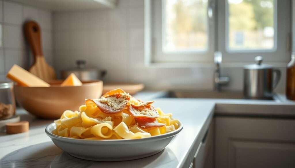 A neatly arranged kitchen counter, bathed in soft, natural light streaming through a window. On the counter, a white ceramic dish holds a generous portion of freshly prepared coquillettes, a classic French pasta shape. Delicate slices of golden-brown ham and grated Comté cheese adorn the pasta, creating a visually appealing and mouthwatering composition. The scene exudes a sense of homemade comfort and culinary expertise, inviting the viewer to imagine the flavors and textures of this delightful dish. The image captures the essence of the "Coquillettes jambon comté: my step-by-step method" section, showcasing the key ingredients and the final presentation of this tasty pasta creation.