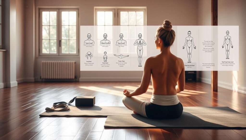 A peaceful, well-lit yoga studio with hardwood floors and natural light filtering through large windows. In the foreground, a serene figure sits cross-legged on a plush mat, eyes closed in meditation, preparing to begin their practice. Surrounding the figure, an array of essential yoga props - a block, strap, and bolster - are neatly arranged, conveying a sense of organization and intentionality. In the middle ground, a series of informative yet visually appealing illustrations demonstrate proper breathing techniques and body alignments, guiding the viewer towards an optimal practice. The overall atmosphere is one of tranquility, focus, and an invitation to the viewer to embark on their own transformative yoga journey.