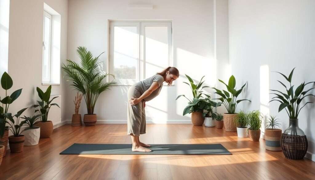 A peaceful yoga studio with natural lighting, surrounded by potted plants and serene decor. A woman in a loose, flowing yoga outfit performs a standing forward fold, her hands gently reaching towards the floor. Soft shadows cast across the room, creating a calming atmosphere. The space exudes simplicity, mindfulness, and a sense of sustainable, long-term practice. Wooden floors and clean, minimalist walls provide a grounding, eco-friendly backdrop. The woman's expression is one of focus and inner connection, embodying the essence of a sustainable yoga routine.