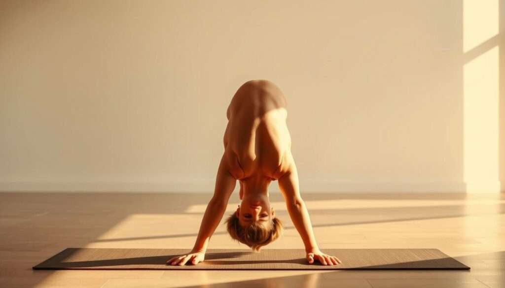 A person performing the upward-facing dog yoga pose, with their palms and feet planted firmly on the ground, their hips lifted, and their chest and head lifted upwards in a graceful backbend. The person's body is bathed in warm, natural lighting, casting a soft glow on their skin and creating dramatic shadows that accentuate the pose's contours. The background is a serene, minimalist studio setting, with a neutral-colored floor and a clean, uncluttered environment that allows the subject to be the focal point. The overall mood is one of tranquility, balance, and a sense of inner strength and flexibility.