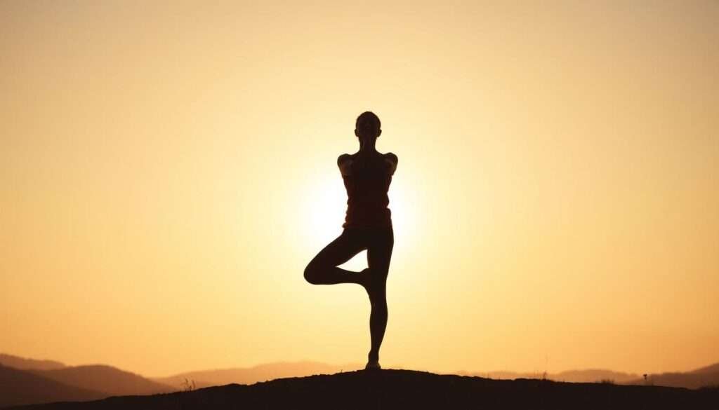 A person standing tall in mountain pose, feet firmly grounded, spine elongated, chest lifted, and gaze focused ahead. The figure is backlit by soft, warm light, casting a subtle silhouette and creating a calming, meditative atmosphere. The background is a serene, minimalist landscape with rolling hills or low mountains, rendered in muted, earthy tones to emphasize the subject. The overall composition conveys a sense of stability, balance, and grounding, reflecting the foundational nature of the mountain pose in yoga practice.