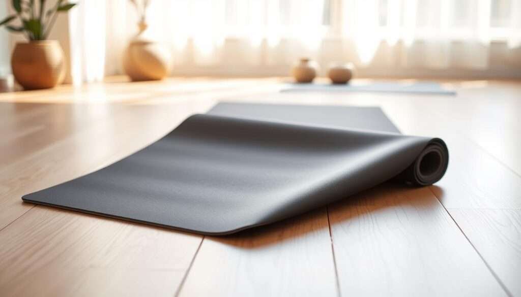 A premium yoga mat with a plush, supportive surface lies on a serene, wooden floor. The mat's high-quality, non-slip material reflects the warm, natural lighting, casting a soft glow. In the middle ground, the mat's sleek, modern design is highlighted, showcasing its elegant simplicity. In the background, a peaceful, zen-inspired space with minimalist decor creates a calming atmosphere, perfect for a dedicated yoga practice.