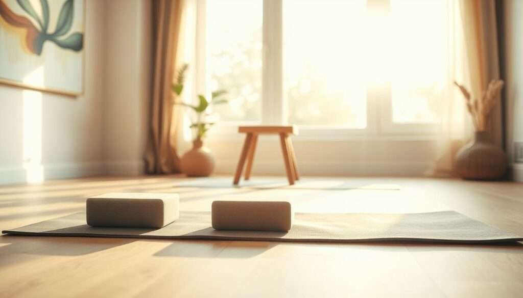 A serene and tranquil yoga preparation setup in a warm, natural light-filled space. In the foreground, a plush, high-quality yoga mat lies neatly unfurled, accompanied by a pair of soft, supportive yoga blocks. In the middle ground, a wooden yoga stool stands ready, inviting the practitioner to sit in a comfortable, aligned position. The background features a large window, allowing gentle, golden sunlight to stream in, casting a calming glow over the entire scene. Subtle, earthy-toned decor elements, such as a potted plant and a soothing, abstract artwork, contribute to the peaceful, grounding ambiance. The overall composition exudes a sense of mindfulness, balance, and intention - the perfect setting to embark on a revitalizing 20-minute morning yoga session.
