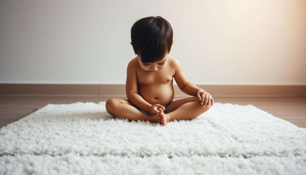 A serene child's pose on a plush, light-colored rug. The figure's body is relaxed, knees tucked close to the chest, forehead gently resting on the floor. Soft, diffused lighting casts a warm, calming glow, accentuating the tranquil atmosphere. The background is minimalist, with subtle textures and muted tones that complement the meditative pose. The composition is balanced, with the subject centered and filling the frame, inviting the viewer to find a moment of rest and restoration.