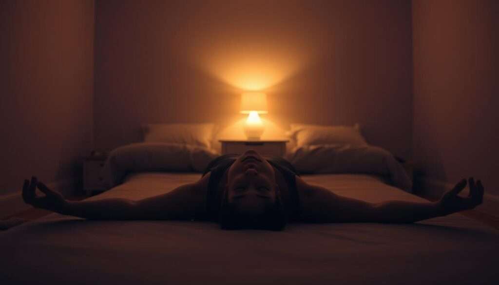 A serene, dimly lit bedroom with a softly glowing lamp. In the center, a person lies in the corpse pose (Savasana), their body relaxed and at ease, hands by their sides, palms facing up. The lighting is warm and muted, creating a sense of deep tranquility. The person's facial expression is peaceful, eyes closed, brow unfurrowed. The room is sparsely furnished, with a simple bed frame and a minimalist side table. The overall atmosphere evokes a state of profound relaxation and restoration.