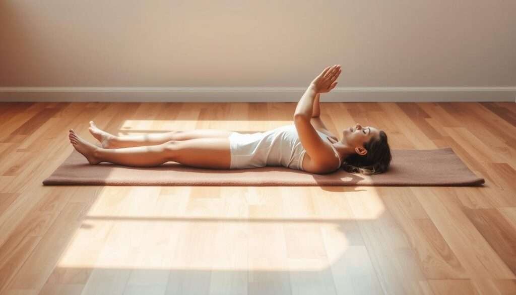 A serene figure lies in corpse pose, their body relaxed and at peace. The foreground features a tranquil yoga practitioner resting on a plush, earthy-toned mat, their limbs gently extended, palms facing upward. The middle ground showcases a sun-dappled hardwood floor, evoking a sense of warmth and grounding. In the background, a soothing neutral-colored wall creates a calming, uncluttered atmosphere, allowing the viewer to focus on the restorative moment. Soft, diffused lighting gently illuminates the scene, conveying a sense of deep relaxation and restoration.