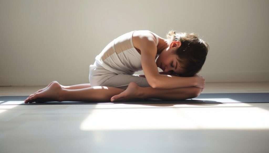 A serene individual resting in the child's pose, their body gently folded forward, forehead touching the floor, and arms extended in front. The scene is bathed in soft, natural lighting, creating a calming, meditative atmosphere. The background is a simple, neutral color, allowing the subject to be the focal point. The composition is balanced, with the figure placed centrally, conveying a sense of grounded stability and integrated relaxation. The image evokes a feeling of deep release and restoration, perfectly capturing the essence of the "Child's Pose (Balasana) for Integrated Relaxation and Release" section of the article.