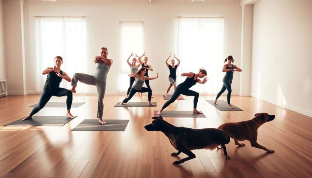 A serene studio filled with warm, natural light. In the foreground, a group of four people performing foundational yoga poses - Tree, Warrior I, Plank, and Downward-Facing Dog. Their limbs are strong and aligned, expressions focused. The middle ground showcases additional yogis flowing through transitional movements, radiating determination and balance. In the background, a minimalist backdrop of plain walls and a hardwood floor, allowing the subjects to be the central focus. The overall atmosphere is one of grounded strength, calm, and total body engagement.