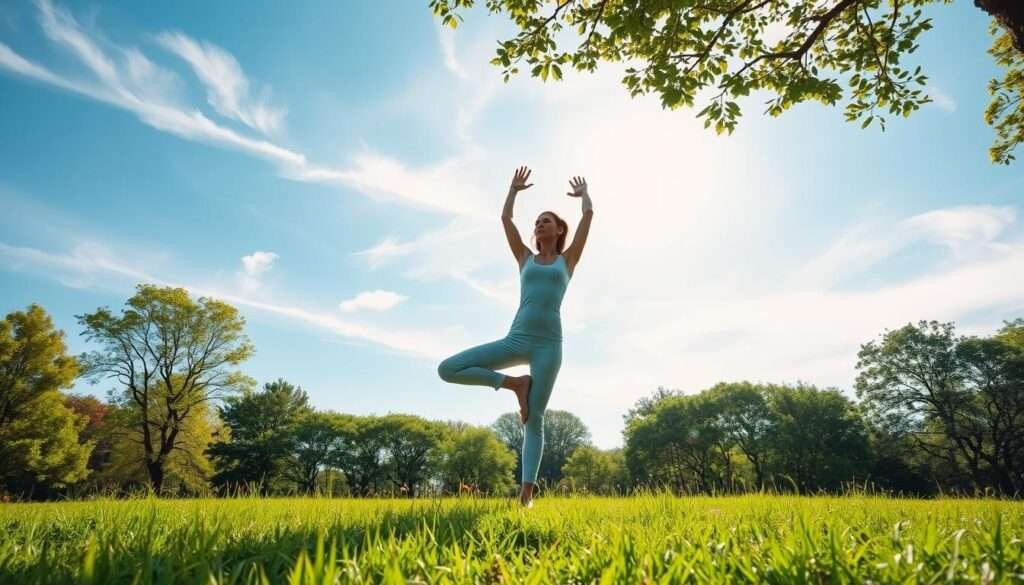 A serene, sun-dappled meadow. In the foreground, a yoga practitioner in a graceful Tree Pose, radiating tranquility. Behind them, a lush canopy of trees casts dappled light, creating a peaceful ambiance. The sky is a soft, azure blue, with wispy clouds drifting overhead. The scene exudes a sense of rejuvenation, balance, and the essential benefits of a regular yoga practice - improved flexibility, better posture, and a calming of the mind.