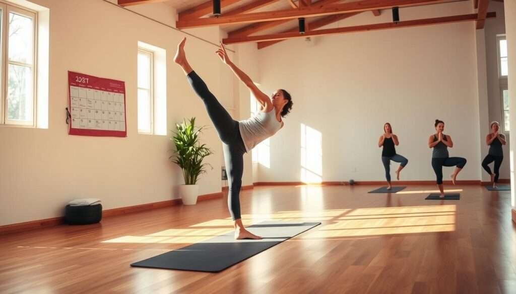 A serene, sun-dappled yoga studio with hardwood floors and soft, natural lighting. In the foreground, a person performs a sustained, graceful tree pose, their body in perfect alignment. The middle ground features a calendar pinned to the wall, highlighting scheduled yoga practice sessions. The background reveals peaceful, contemplative practitioners moving through their routines, emphasizing the importance of a consistent practice. The overall atmosphere exudes a sense of tranquility, discipline, and a dedication to personal growth through regular, mindful yoga sessions.