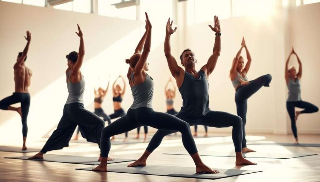 A serene, sun-drenched yoga studio with natural lighting streaming through large windows. In the foreground, a group of fit, focused individuals performing a sequence of powerful yoga poses, their bodies in perfect alignment. Poses include Warrior II, Tree, Crescent Lunge, and Wheel Pose, showcasing strength, balance, and flexibility. The middle ground features additional yogis in various stages of transformation, their expressions calm and determined. The background fades into a tranquil, minimalist setting, with clean lines and muted colors that enhance the sense of mindfulness and renewal. The overall atmosphere is one of discipline, inner peace, and physical empowerment.