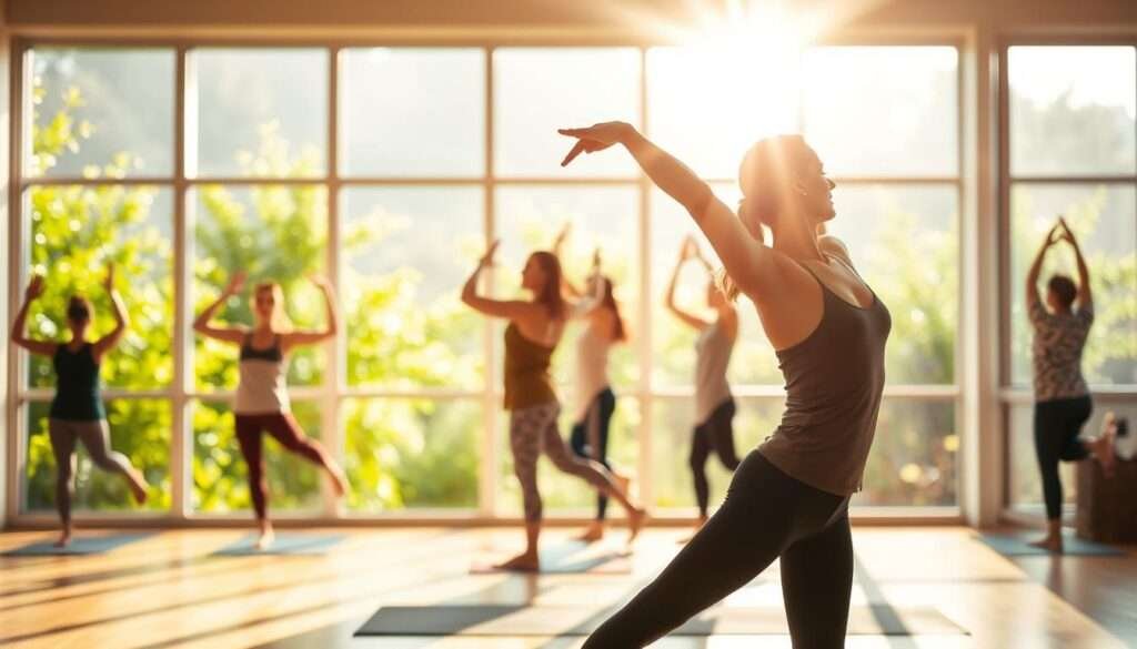 A serene, sunlit yoga studio with warm, natural lighting. In the foreground, a flexible yogi in an extended side angle pose, their limbs gracefully stretched, exuding a sense of ease and control. The middle ground features a group of practitioners flowing through a sequence of fluid, connected asanas, their movements harmonious and controlled. In the background, large windows offer a view of lush, verdant foliage, symbolizing the sustainable, nature-based ethos of this yoga practice. The overall atmosphere conveys a peaceful, meditative quality, highlighting the holistic benefits of yoga for building lasting flexibility.