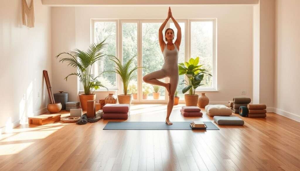 A serene, sunlit yoga studio with warm wooden floors and white walls. In the foreground, a person in a graceful tree pose, their body in perfect alignment, exuding tranquility. Surrounding them, an assortment of yoga props - blocks, straps, and bolsters - neatly arranged, symbolizing the tools for a holistic practice. In the middle ground, lush potted plants and a large window overlooking a peaceful garden, blending the indoor and outdoor spaces. The lighting is soft and natural, creating a calming ambiance. The overall atmosphere conveys a sense of balance, mindfulness, and the seamless integration of yoga into a wellness-focused lifestyle.
