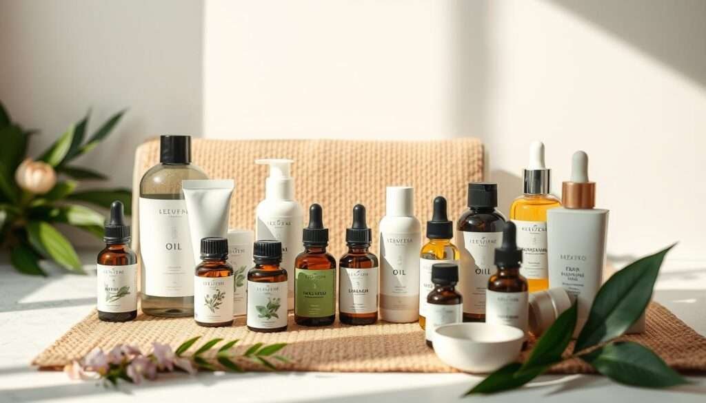 A serene tableau of wellness essentials, bathed in soft, natural lighting. In the foreground, an assortment of essential oil bottles, their labels showcasing botanical illustrations. Surrounding them, an array of artisanal skincare products, their clean, minimalist packaging hinting at their nourishing properties. In the middle ground, a plush, earth-toned yoga mat, its inviting texture promising a restorative practice. The background is a soothing palette of muted greens and whites, evoking a sense of calm and rejuvenation. The overall composition emanates a spa-like ambiance, inspiring feelings of relaxation and holistic well-being.