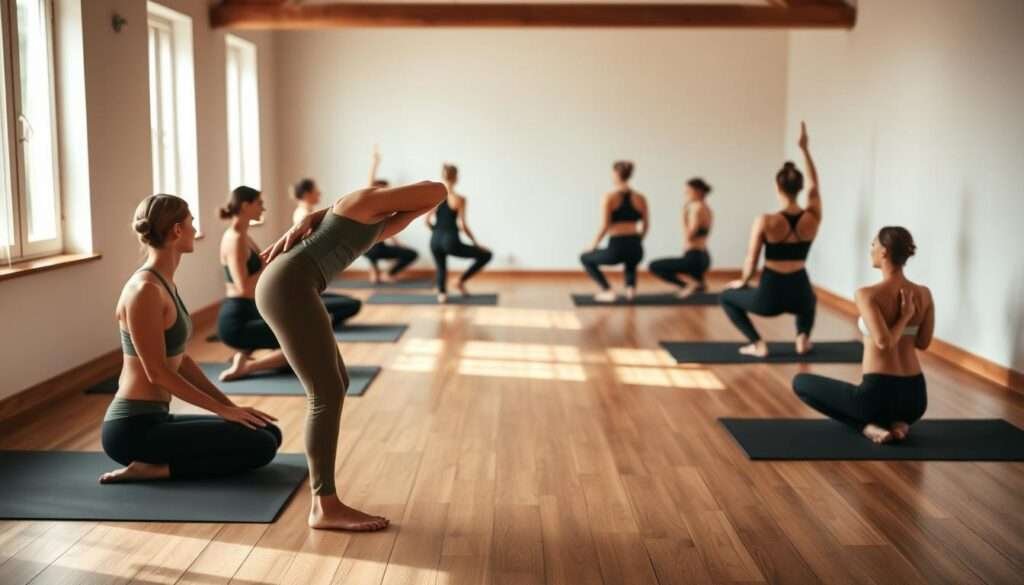 A serene, warm-lit studio with warm wooden floors. In the foreground, a flexible yogi transitions gracefully through a sequence of spinal warm-up poses - from gentle cat-cow flows to seated twists, each movement fluid and intentional. The middle ground features additional yogis mirroring the poses, their bodies aligned and focused. The background softly blurs, allowing the pose details to take center stage. Muted earthy tones and natural lighting create a calming, nurturing atmosphere, inviting the viewer to join in this essential spine-awakening practice.