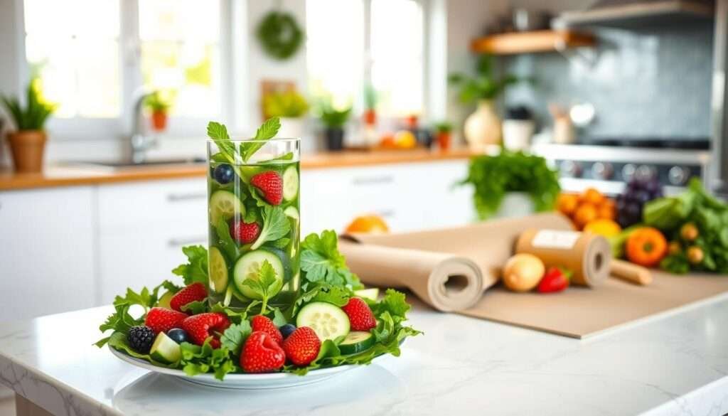 A serene, well-lit kitchen with an abundance of fresh, colorful produce on the counter. In the foreground, a glass of infused water and a plate of leafy greens, cucumber slices, and vibrant berries. In the middle ground, a yoga mat is rolled out, suggesting a holistic approach to wellness. The background features natural light streaming through large windows, creating a calming, airy atmosphere. The overall scene conveys a balanced, mindful lifestyle focused on nourishing the body and mind for optimal belly fat reduction.