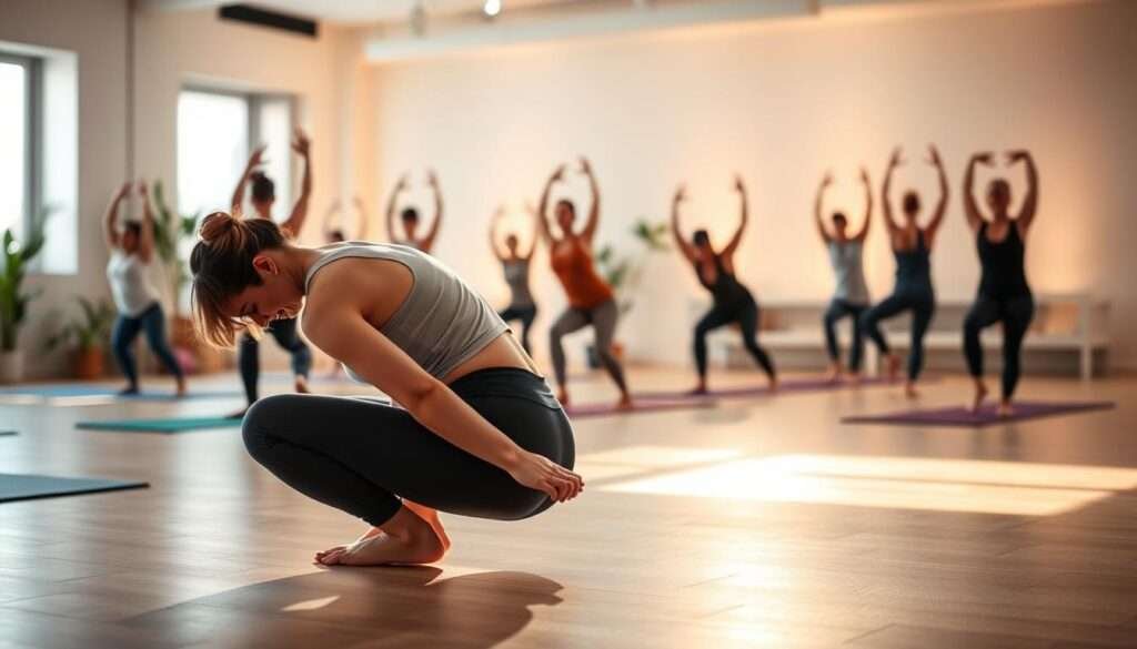 A serene, well-lit studio filled with a group of people performing various hip-opening yoga poses. The foreground features a beginner-level yogi gracefully folding into a seated forward bend, their legs extended with feet flexed. The middle ground showcases a variety of other accessible hip-openers like pigeon pose, butterfly pose, and bound angle pose. The background depicts a tranquil environment with subtle plant life and warm, diffused lighting, creating a calming, therapeutic atmosphere. The overall composition emphasizes the gentle, restorative nature of these fundamental, flexibility-enhancing yoga poses suitable for beginners.