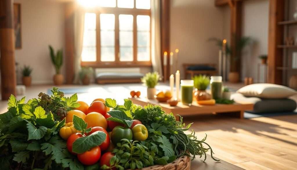 A serene yoga studio, bathed in warm, natural light filtering through large windows. In the foreground, an array of fresh, vibrant produce - leafy greens, colorful vegetables, and an assortment of herbs. A wooden table in the middle ground holds a selection of smoothie ingredients, whole grains, and other nutrient-dense foods. In the background, a tranquil meditation space with a plush yoga mat, candles, and a calming, earthy color palette. The overall atmosphere is one of balance, nourishment, and mindfulness, perfectly complementing the practice of yoga for a healthy, energized lifestyle.