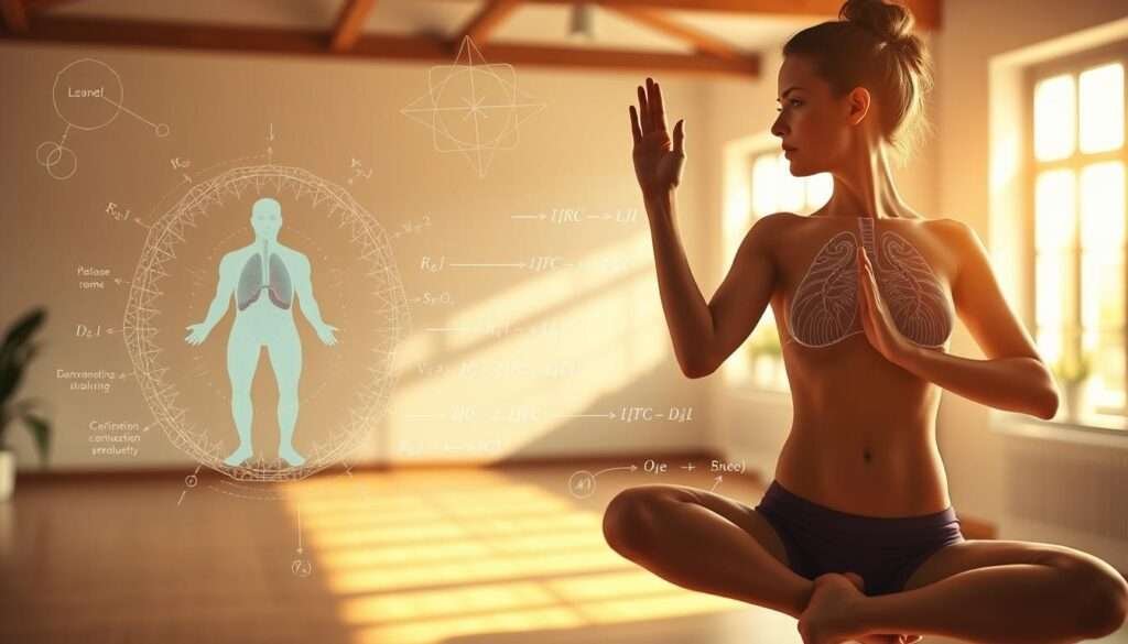 A serene yoga studio bathed in warm, natural lighting. In the foreground, a fit, lean figure in a yoga pose, showcasing muscular definition. The middle ground features scientific diagrams and equations overlaying the scene, visualizing the metabolic processes behind fat loss through yoga. The background subtly depicts the human body's systems, such as the circulatory and respiratory systems, to reinforce the "science" aspect. The overall mood is one of transformation, balance, and an integration of physical and mental wellness.