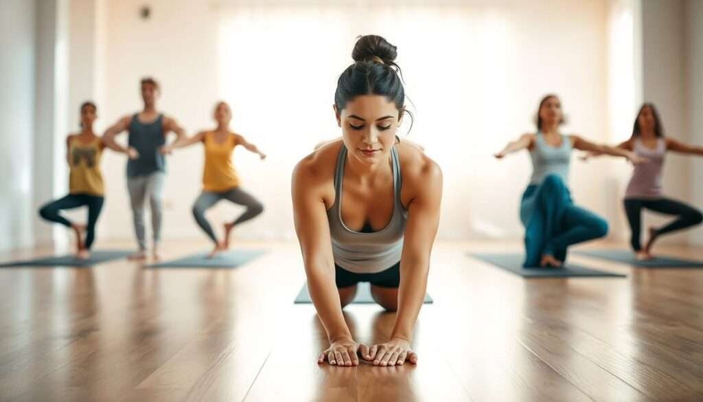 A serene yoga studio filled with warm, natural light. In the foreground, a woman gracefully performs the downward dog pose, her body forming an inverted V shape, palms and feet firmly planted on the soft, wooden floor. Her muscles are relaxed, and her expression is one of deep focus and inner peace. In the middle ground, several other yoga practitioners move through a synchronized sequence of poses, their movements fluid and controlled. The background is a tranquil, minimalist space, with white walls and simple decor, allowing the subject to be the focal point. The overall scene conveys a sense of balance, harmony, and the transformative power of yoga.