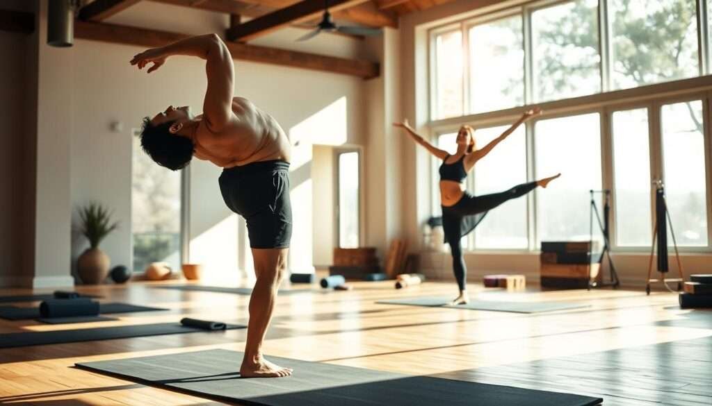 A serene yoga studio with natural light filtering through large windows, creating a warm, inviting atmosphere. In the foreground, a yogi performs a graceful backbend, muscles flexing with controlled strength. In the middle ground, another yogi balances effortlessly on one leg, exploring the limits of their flexibility. The background features an array of yoga props - blocks, straps, and mats - suggesting a focus on building a solid foundation through strength and mobility training. The overall scene conveys a sense of discipline, focus, and the harmonious blend of physical and mental well-being.