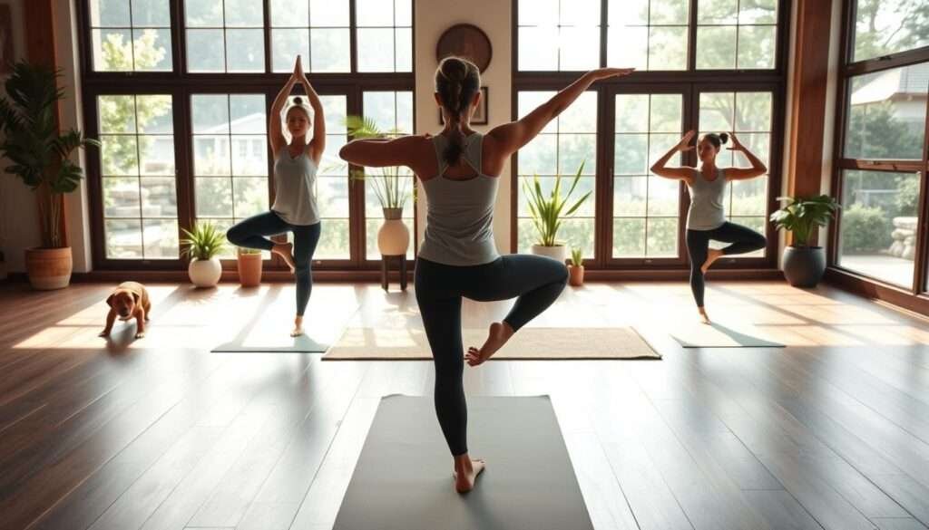 A serene yoga studio with natural light filtering through large windows, showcasing a sequence of essential morning yoga poses. In the foreground, a yogi demonstrates the proper form and alignment of each pose, including Downward-Facing Dog, Warrior I, Tree Pose, and Child's Pose. The middle ground features a minimalist, zen-inspired decor with potted plants, a bamboo mat, and a calming color palette of earthy tones. The background depicts a tranquil outdoor scene, perhaps a lush garden or a peaceful forest, adding to the overall sense of balance and harmony. The lighting is soft and diffused, creating a warm and inviting atmosphere conducive to a rejuvenating morning yoga practice.