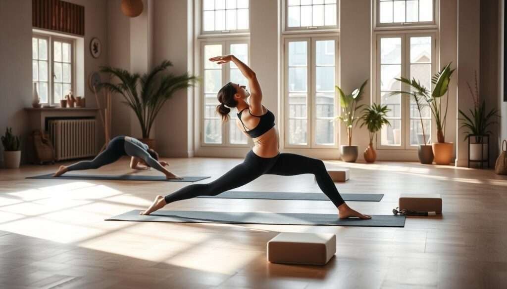 A serene yoga studio with natural lighting spilling in through large windows. In the foreground, a skilled yogi gracefully transitions through a sequence of core-strengthening poses - from plank to side plank, boat pose to hollow hold, each movement flowing seamlessly into the next. The middle ground features an array of complementary yoga props - blocks, straps, and mats in muted tones that create a harmonious, minimalist aesthetic. The background has a zen-like atmosphere, with potted plants, a neutral color palette, and a sense of tranquility permeating the scene. The overall mood is one of focused, intentional practice - a visual representation of the "Crafting Your Routine: How to Sequence These Poses" section.