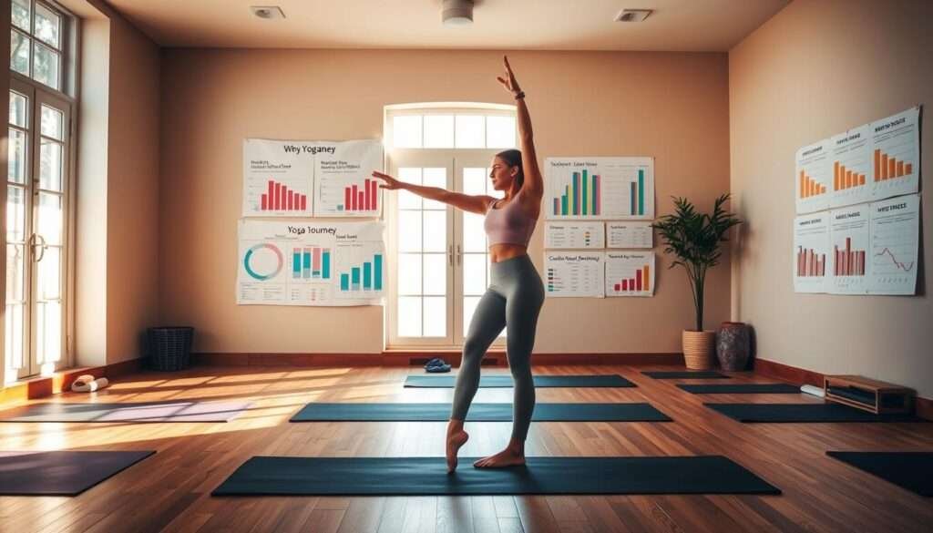 A serene yoga studio with natural lighting streaming through large windows, casting a warm glow on a neatly arranged array of yoga mats and accessories. In the foreground, a person performing a graceful standing pose, their body perfectly aligned as they focus intently on their progress. Surrounding them, a vibrant display of charts, graphs, and calendars tracking their yoga journey, offering a visual representation of their improvements in flexibility, strength, and balance over time. The atmosphere is calming and inspirational, encouraging the viewer to embark on their own yoga transformation.