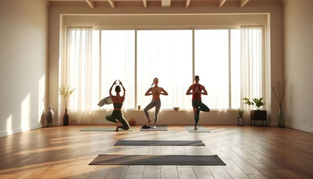 A serene yoga studio with soft natural light filtering through large windows. In the foreground, a graceful figure flows through a sequence of yoga poses - tree, warrior, and lotus - their movements fluid and intentional. The middle ground showcases additional practitioners in similar poses, creating a harmonious scene of balance and tranquility. The background features simple, minimalist decor in soothing tones, complementing the meditative atmosphere. The overall composition conveys a sense of focused concentration and holistic well-being, perfectly capturing the essence of a complete morning yoga routine.