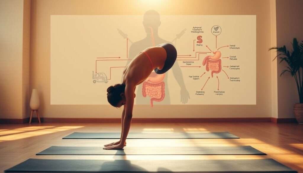 A serene yoga studio with warm, natural lighting illuminating the scene. In the foreground, a person performing a deep forward fold, their body aligned in perfect balance, showcasing the science of metabolism-boosting yoga poses. In the middle ground, a visualization of the digestive system and metabolic processes, with intricate anatomical details. The background features a stylized, scientific diagram illustrating the interconnectedness of yoga, mindfulness, and the body's physiological functions. The overall composition conveys a sense of focus, tranquility, and the harmony between the physical and the scientific aspects of yoga practice.
