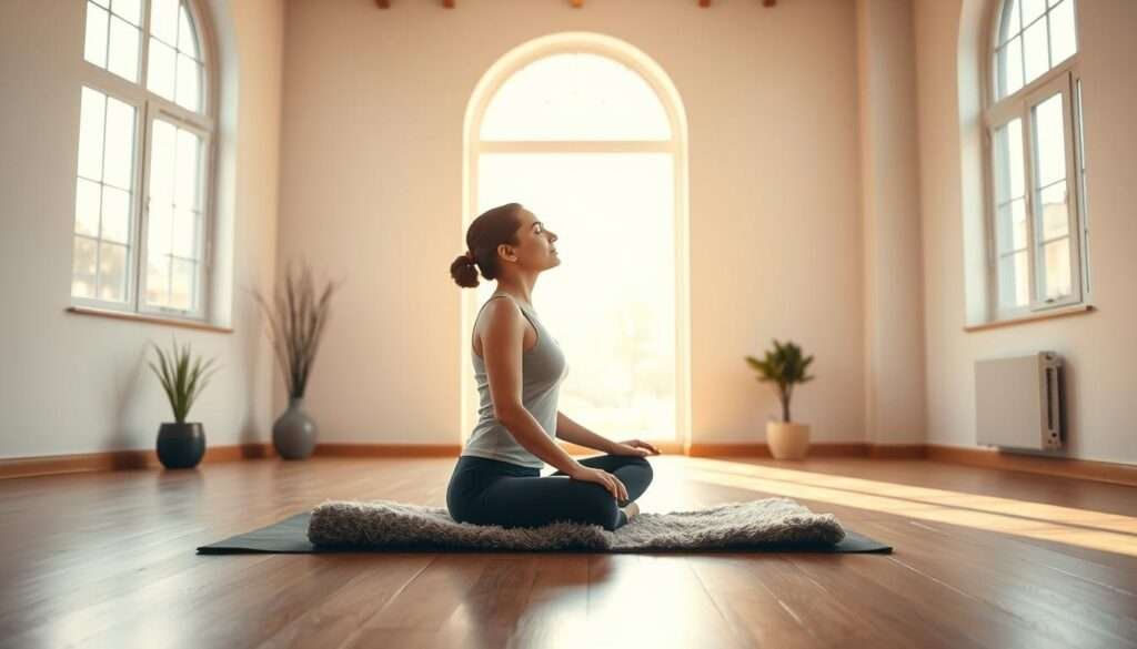 A serene yoga studio with warm, natural lighting streaming through large windows. In the center, a person sits cross-legged on a plush mat, eyes closed, hands resting gently on their knees as they practice deep, controlled breathing. Their posture is relaxed yet focused, reflecting the calm and centering nature of their meditation. The background is minimalist, with clean white walls and a few simple plants, allowing the subject to be the sole focus. The camera angle is slightly elevated, capturing the tranquil scene from an inspiring, uplifting perspective.