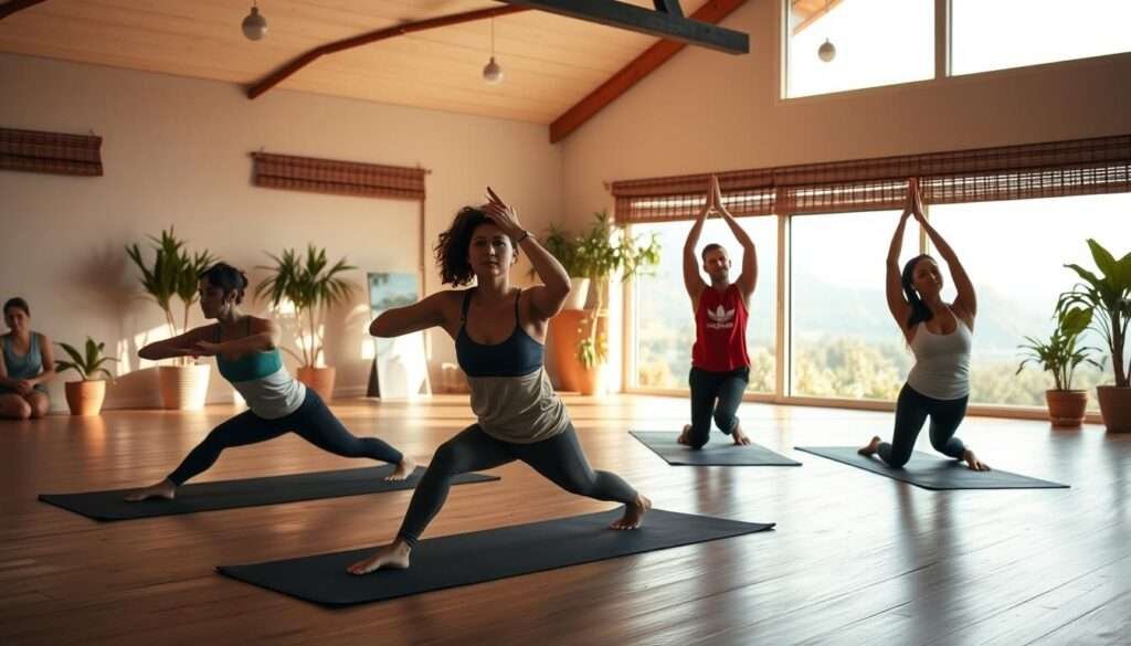 A serene yoga studio with warm, natural lighting. In the foreground, a group of five people performing various core-strengthening yoga poses like plank, boat, and side plank, their bodies aligned and engaged. In the middle ground, another set of yogis holding balancing poses like tree and half-moon, their expressions focused. The background features a soothing, minimalist decor with potted plants and a large window overlooking a tranquil outdoor scene. The overall atmosphere exudes mindfulness, strength, and discipline.