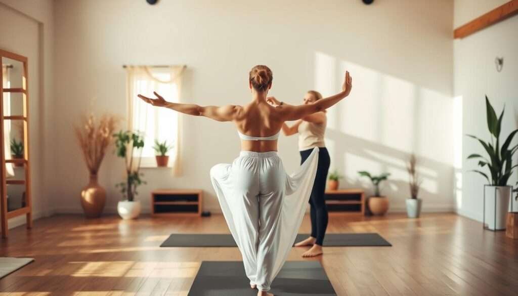 A serene yoga studio with warm, natural lighting. In the foreground, a person in a flowing white outfit demonstrates proper alignment and form for a common yoga pose, their limbs gracefully extended. The middle ground shows their instructor gently adjusting their posture, guiding them into the correct position. The background features peaceful, minimalist decor - wooden accents, potted plants, and a soothing color palette. The overall atmosphere is one of tranquility and instructional focus, conveying the expertise and care required to refine one's yoga practice.