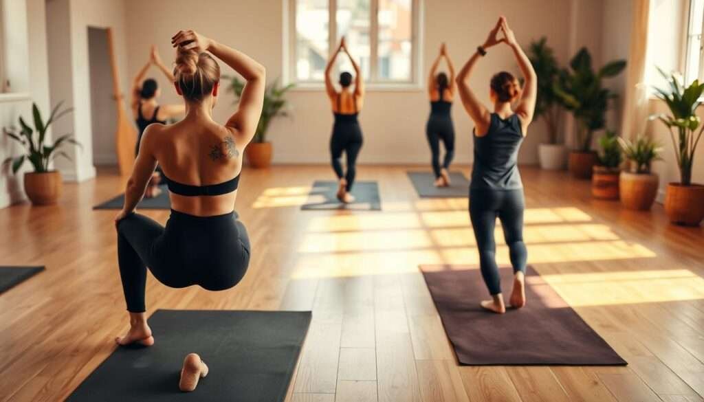 A serene yoga studio with warm, natural lighting. In the foreground, a woman gracefully holds a foundation yoga pose, such as child's pose or cat-cow, showcasing proper alignment and core engagement to support the back. The middle ground features additional practitioners executing similar grounding poses, their movements fluid and intentional. The background depicts a calming, minimalist space with wooden floors, soft textures, and potted plants, creating an atmosphere of tranquility and focus. The overall scene evokes a sense of balance, stability, and the restorative power of these foundational yoga postures.
