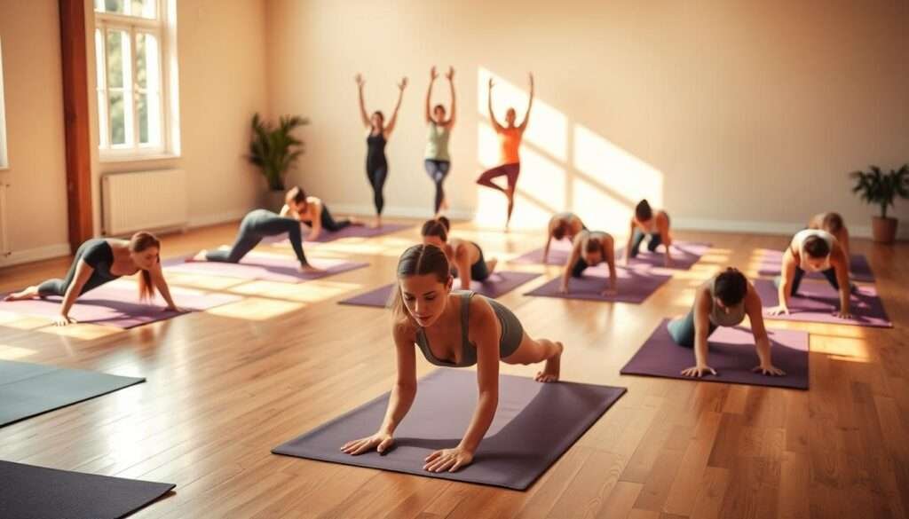 A sun-drenched yoga studio, the hardwood floor covered in plush mats. In the foreground, a group of people in comfortable yoga attire perform a series of core-strengthening poses - planks, side planks, leg raises, and crunches. Their faces are serene, their movements graceful and controlled. In the middle ground, a few individuals hold challenging balances, their bodies strong and centered. The background is softly blurred, allowing the focus to remain on the practitioners and their practice. The lighting is warm and natural, casting a gentle glow over the scene. The overall atmosphere is one of mindfulness, discipline, and the pursuit of physical and mental wellbeing.