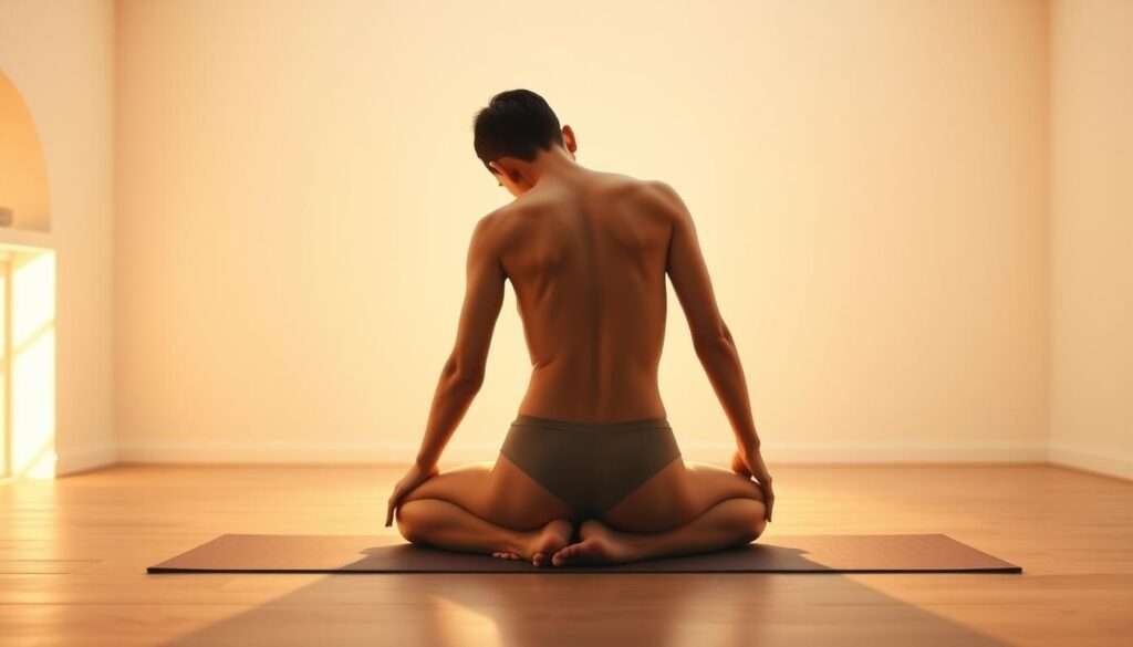 A tranquil, serene studio setting with warm, natural lighting illuminating a person sitting in a Seated Forward Fold (Paschimottanasana) pose. The subject's body is centered in the frame, their legs extended straight out in front, torso folded forward, hands reaching towards the feet. The pose conveys a sense of deep stretch and release in the hamstrings and back muscles. The background is a minimalist, uncluttered space with a neutral color palette, allowing the subject's form to be the focal point. The camera angle is slightly elevated, capturing the pose from an angle that highlights the elongation of the spine and the graceful curve of the back. The overall mood is one of calm, mindfulness, and rejuvenation.