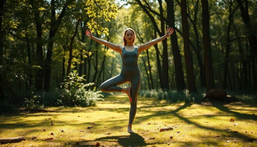 A tranquil, sun-dappled forest glade, with a serene yogi in tree pose, their body poised in perfect balance, their outstretched limbs mirroring the graceful sway of the surrounding trees. Soft, warm lighting bathes the scene, casting gentle shadows that accentuate the practitioner's fluid movements. The yogi's face is serene, their gaze inward, as they find their center of gravity and stillness amidst the natural world. The background is lush with verdant foliage, creating a sense of seclusion and connection to the earth. The camera angle is at eye level, drawing the viewer into the tranquil moment and inviting them to find their own balance and equilibrium.