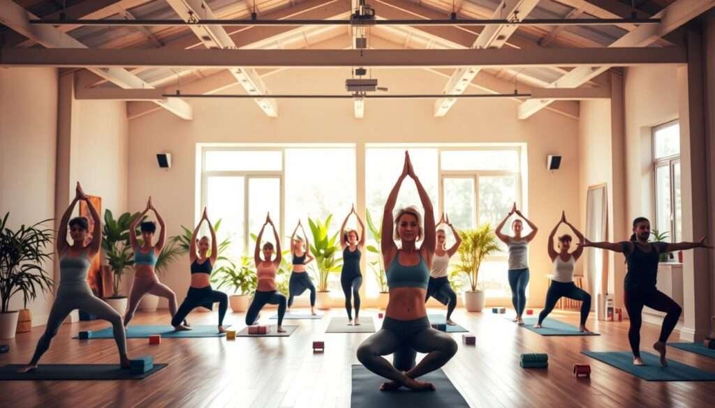 A vibrant, airy yoga studio with warm, natural lighting and a serene atmosphere. In the foreground, a group of diverse individuals perform various yoga poses - Warrior, Downward Facing Dog, and Tree Pose - that target core strength and flexibility. The middle ground showcases a mix of traditional and modern yoga props, including blocks, straps, and resistance bands, highlighting the versatility of these practices for weight loss. The background features lush, verdant plants and minimalist decor, creating a calming, rejuvenating environment. The overall scene conveys the effectiveness and accessibility of these yoga styles for achieving a healthier, fitter physique.