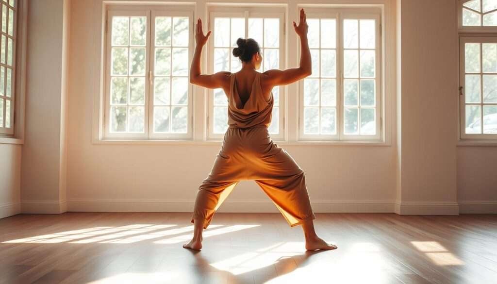 A well-balanced warrior stands tall, shoulders back, feet firmly grounded. Sunlight filters through large windows, casting a warm glow on the hardwood floor. The figure is clad in a flowing, earthy-toned yoga outfit, exuding an aura of strength and serenity. The pose is precise, with the front leg bent at a 90-degree angle, the back leg extended, and the arms reaching skyward in a graceful arc. Subtle shadows accentuate the musculature and perfect alignment of the body. The overall composition is harmonious and empowering, inviting the viewer to embody the confidence and focus of the Warrior I pose.