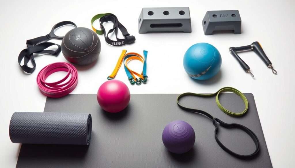 A well-lit, high-angle studio shot of an assortment of flexibility equipment and tools arranged neatly on a clean, white background. In the foreground, a yoga mat, foam roller, and massage balls. In the middle ground, resistance bands, stretch straps, and a lacrosse ball. In the background, a set of adjustable exercise blocks and a hand-held massager. The lighting is soft and even, creating clear, shadow-free details. The overall mood is one of focus, organization, and an invitation to explore the tools that can aid one's flexibility journey.