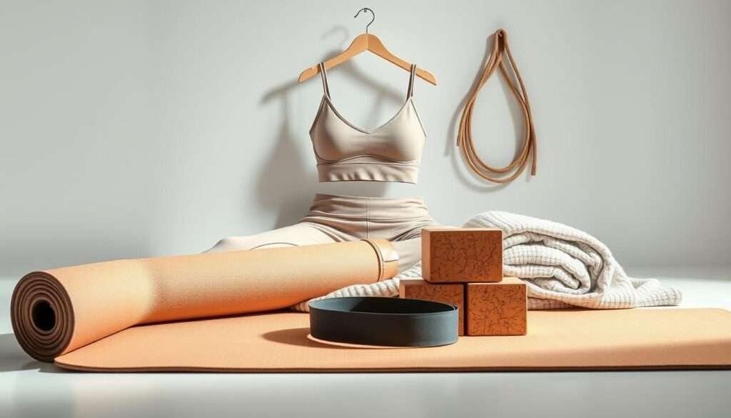A well-lit, high-quality studio shot of an assortment of yoga gear designed to enhance flexibility. In the foreground, a plush yoga mat, a sturdy resistance band, and a set of cork yoga blocks in various sizes. In the middle, a pair of lightweight, breathable yoga pants and a form-fitting sports bra in a neutral color palette. In the background, a folded yoga blanket and a natural jute strap for deeper stretches. The lighting is soft and diffused, creating a serene, meditative atmosphere. The camera angle is slightly elevated, capturing the items in a clean, organized arrangement that showcases their functionality and high-quality craftsmanship.