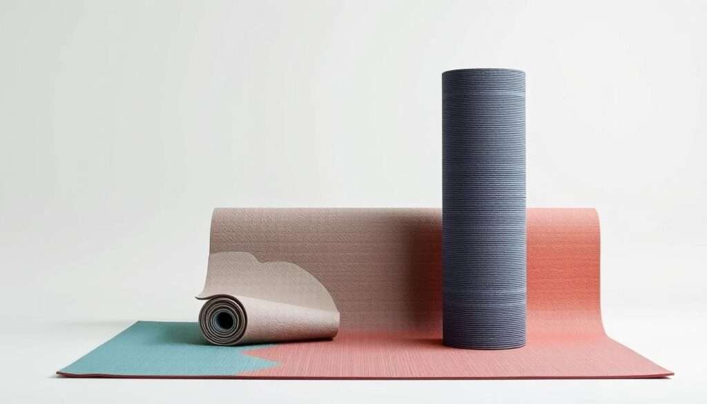 A well-lit, studio-quality image of three different yoga mats displayed side-by-side for comparison. The mats should be high-quality, modern designs in a range of colors, textures, and thicknesses, showcasing their distinct features. The image should be shot from a slightly elevated angle, capturing the mats in detail against a clean, minimalist background, with soft, diffused lighting that accentuates the materials and patterns. The overall mood should be calm, serene, and inviting, encouraging the viewer to envision themselves practicing yoga on these recommended products.